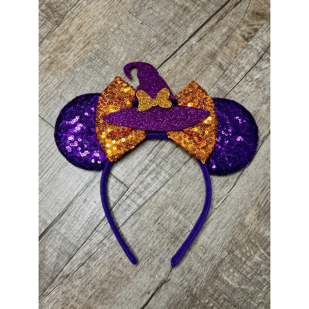 Disney Halloween Minnie Mouse Witch Ears Headband Purple Orange Sequin Glitter
